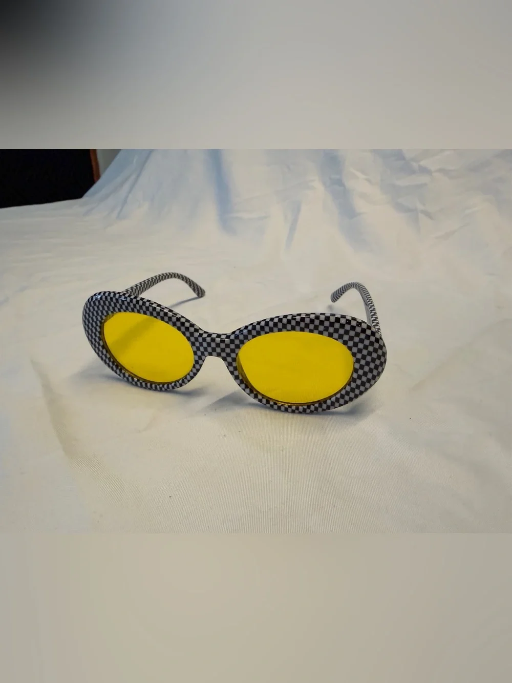 Black White Checkerboard Oval Sunglasses Yellow Lenses Mod Y2K